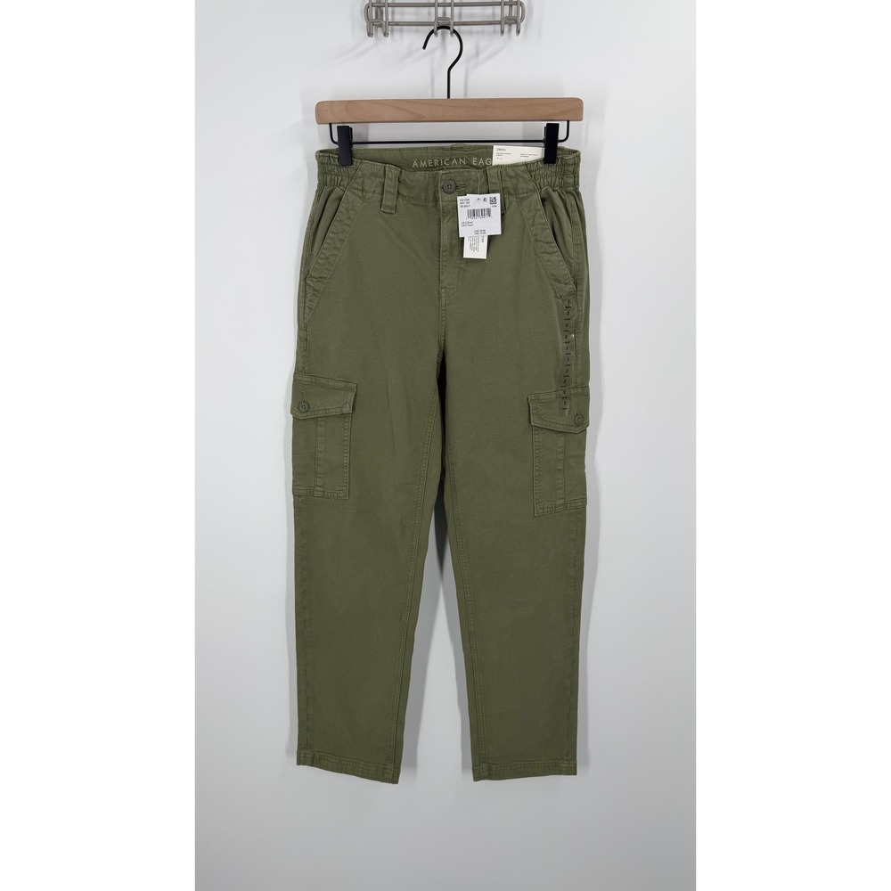 American Eagle Cargo Pants Women 2 Short Green High Rise Straight Stretch